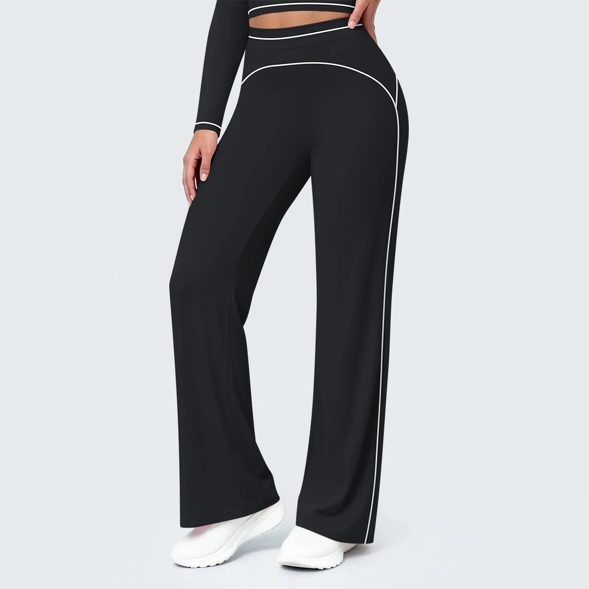 Schwarze Yoga-Hose für Damen mit weitem Bein und weißen Kontrastlinien