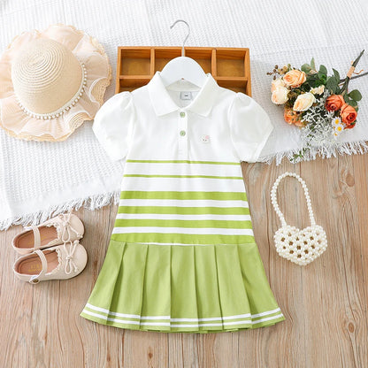 Modisches Polokleid für Mädchen mit Streifen, für Kinder, elegante Puffärmel, Kleidung für Babys, Sommerkleider