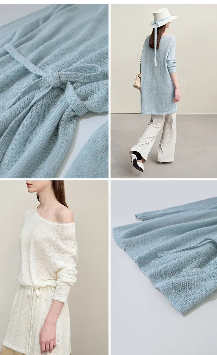 Hellblauer schulterfreier Strickpullover mit Bindeband, Seitenansicht und Materialdetails