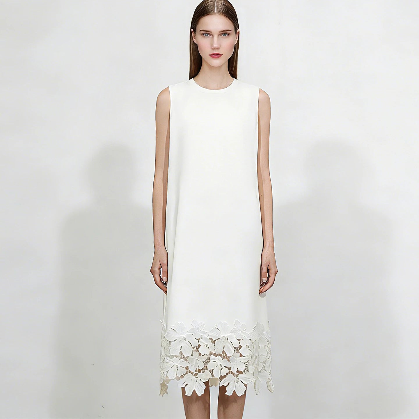 Elegantes Damen Midikleid Aus Baumwolle Mit Spitze Für Büro Und Freizeit