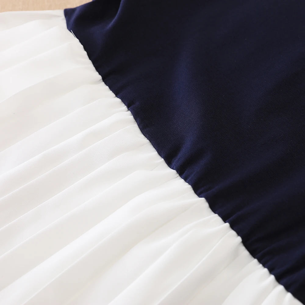 Kinder-Sommerkleid, Marineblau und Weiß, Mädchenkleid im Matrosenstil, kurzärmeliges, plissiertes Kleid mit Kragen und Schleife, Kinder-Schulkleidung