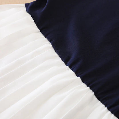 Kinder-Sommerkleid, Marineblau und Weiß, Mädchenkleid im Matrosenstil, kurzärmeliges, plissiertes Kleid mit Kragen und Schleife, Kinder-Schulkleidung