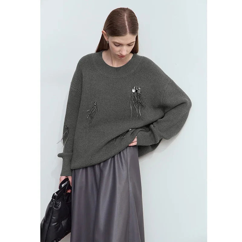 Damen-Rundhalspullover Perlen Strassapplikation locker Winter