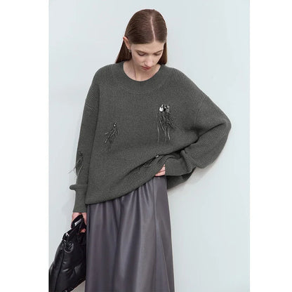Damen-Rundhalspullover Perlen Strassapplikation locker Winter