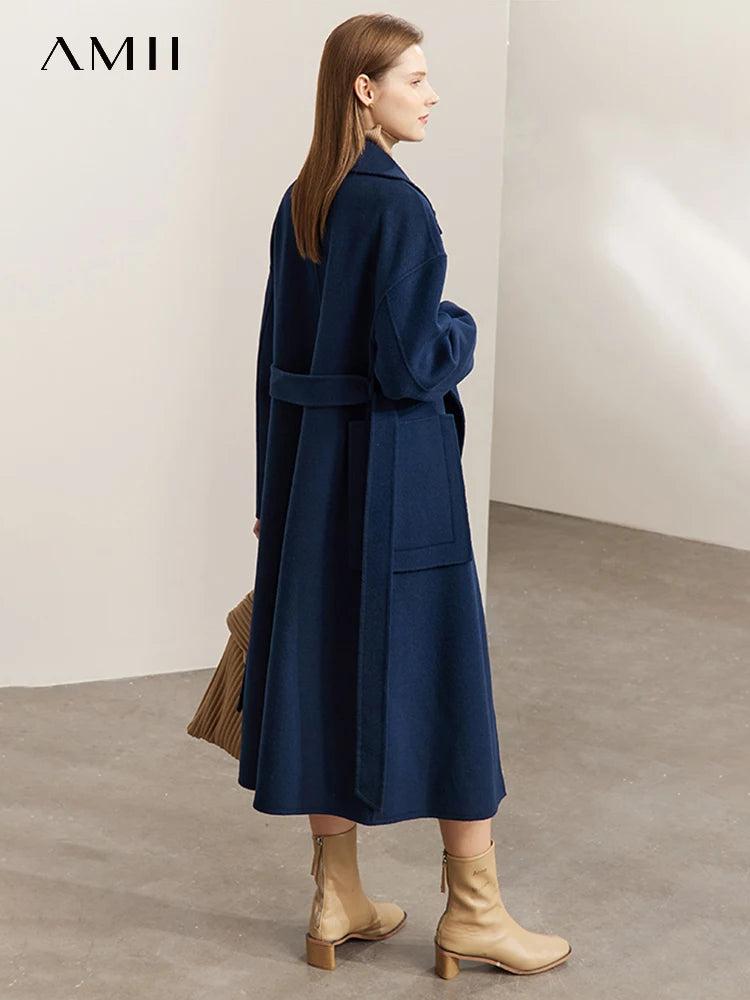 Frauen Mantel aus 100 Prozent Wolle im eleganten Koreanischen Stil mit Gürtel