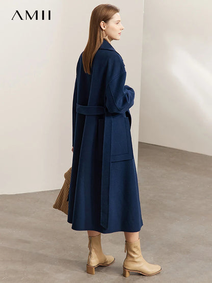 Frauen Mantel aus 100 Prozent Wolle im eleganten Koreanischen Stil mit Gürtel