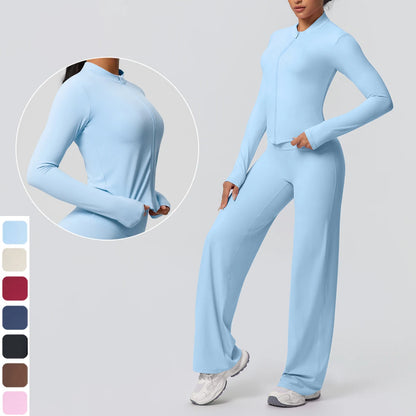 2-teiliges Yoga-Set in Hellblau: Langarm-Top mit Reißverschluss und weite Hose