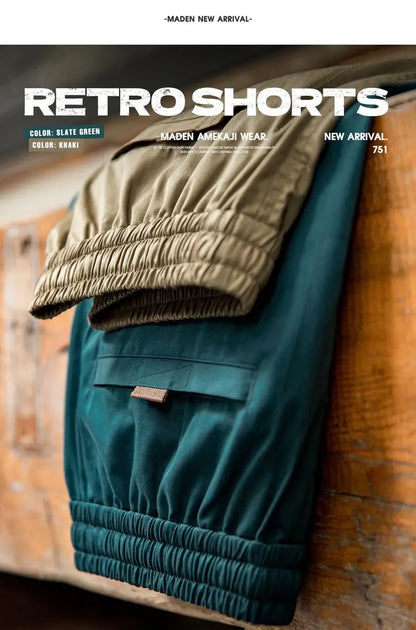 Herren Vintage Shorts in Khaki mit geradem Bein und Kordelzug