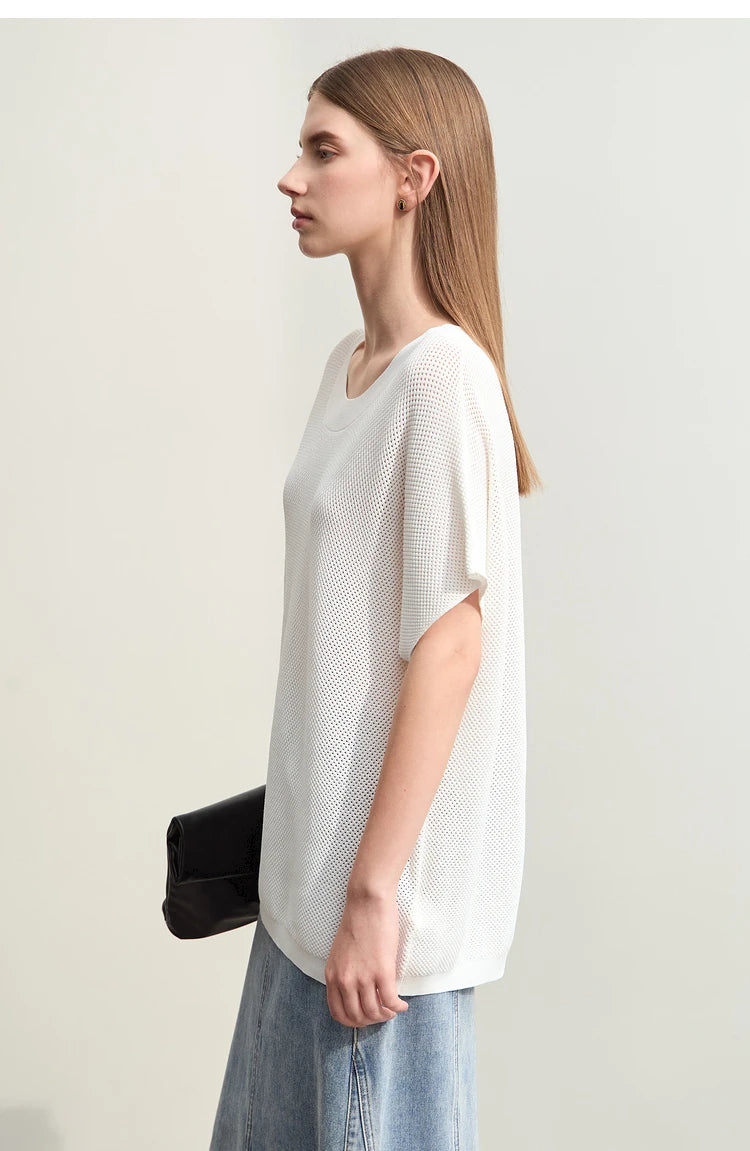 Damen-Rundhalspullover Wolle Aushöhlung locker Streetwear Sommer
