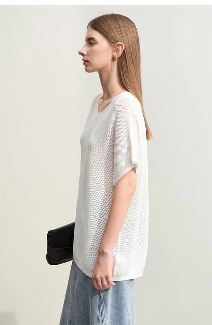 Damen-Rundhalspullover Wolle Aushöhlung locker Streetwear Sommer