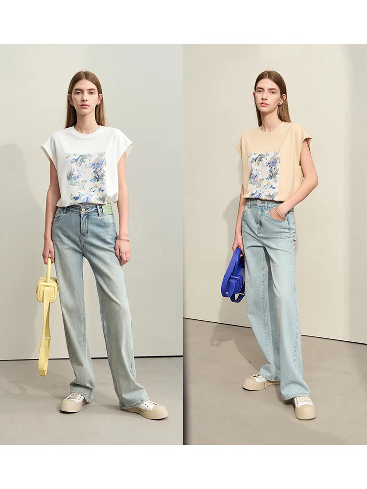 Damen T-Shirts im Minimalismus-Stil mit lässigem O-Neck und Blumen-Druck