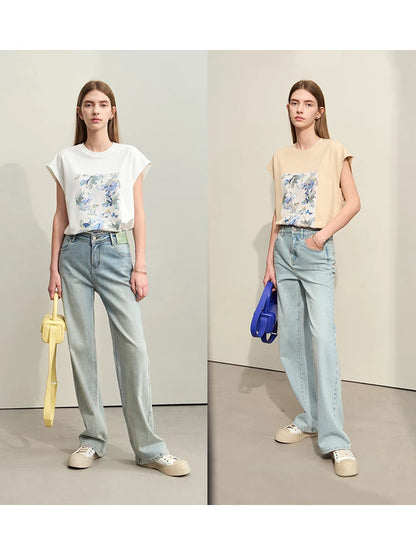 Damen T-Shirts im Minimalismus-Stil mit lässigem O-Neck und Blumen-Druck