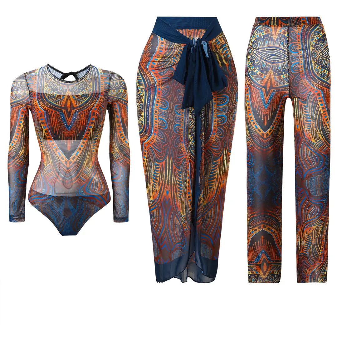 Damen-Badeanzug 3-teilig Print Langarm Sarong-Set gepolstert