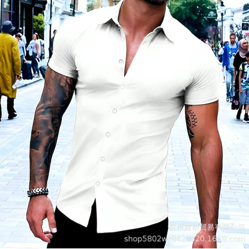 Lässiges Herren-Cardigan-Hemd mit kurzen Ärmeln und Reverskragen in Unifarbe – ideal für den Sommer.