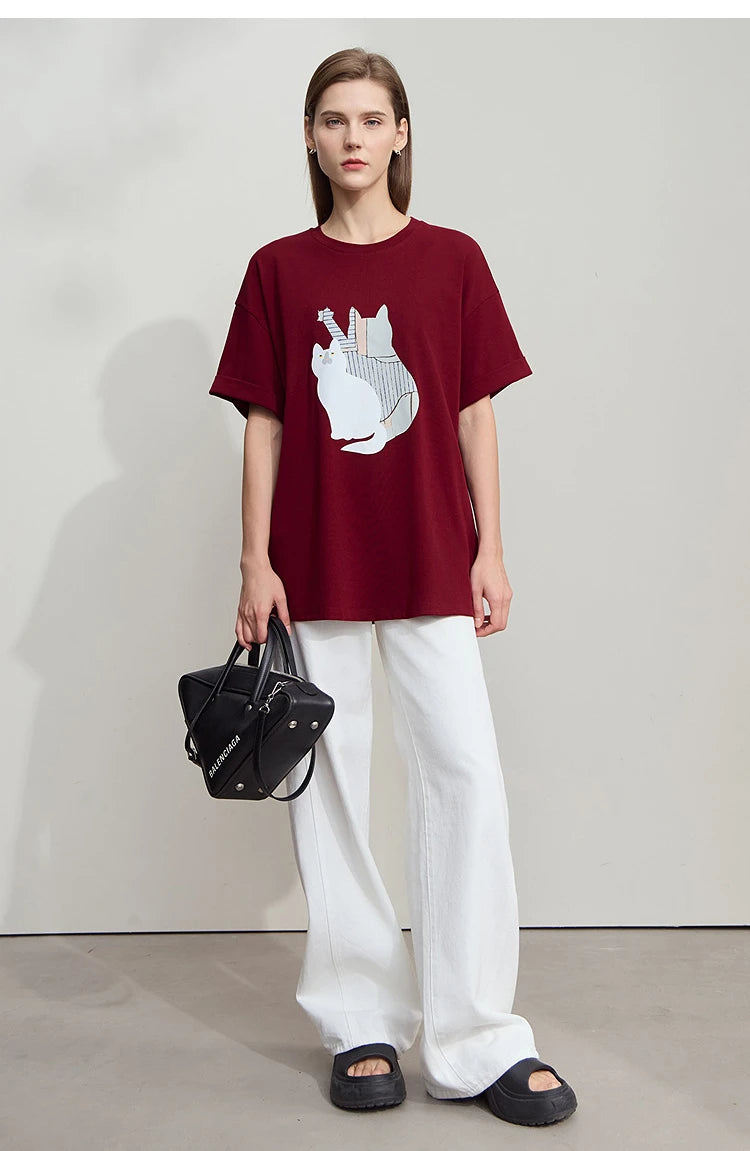 Damen Top im minimalistischen Stil mit O-Ausschnitt und bedrucktem Design