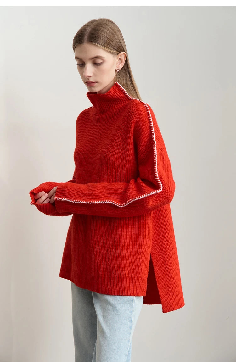 Damen-Rollkragenpullover Wolle Stickerei locker Weihnachten Winter