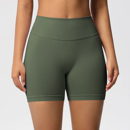 Damen-Yoga-Shorts mit hoher Taille, olivgrün, breiter Bund mit Naht