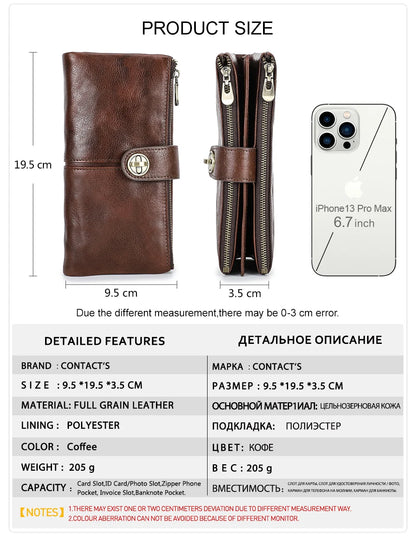 Damen Echtleder Lange Geldbörse Vintage RFID Clutch Portemonnaie Kartenhalter Reise