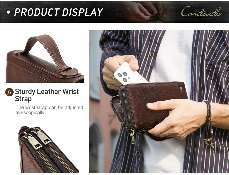 Braune Lederclutch mit Handgelenkschlaufe, verstellbar, mit Handy- und Kartenfach