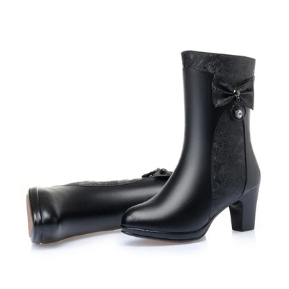 AIYUQI Winter Boots Women Wool Keep Warm 2025 New Genuine Leather Shoes Woman Boots Fashion Bow Female Fashion Boots Thick Heel