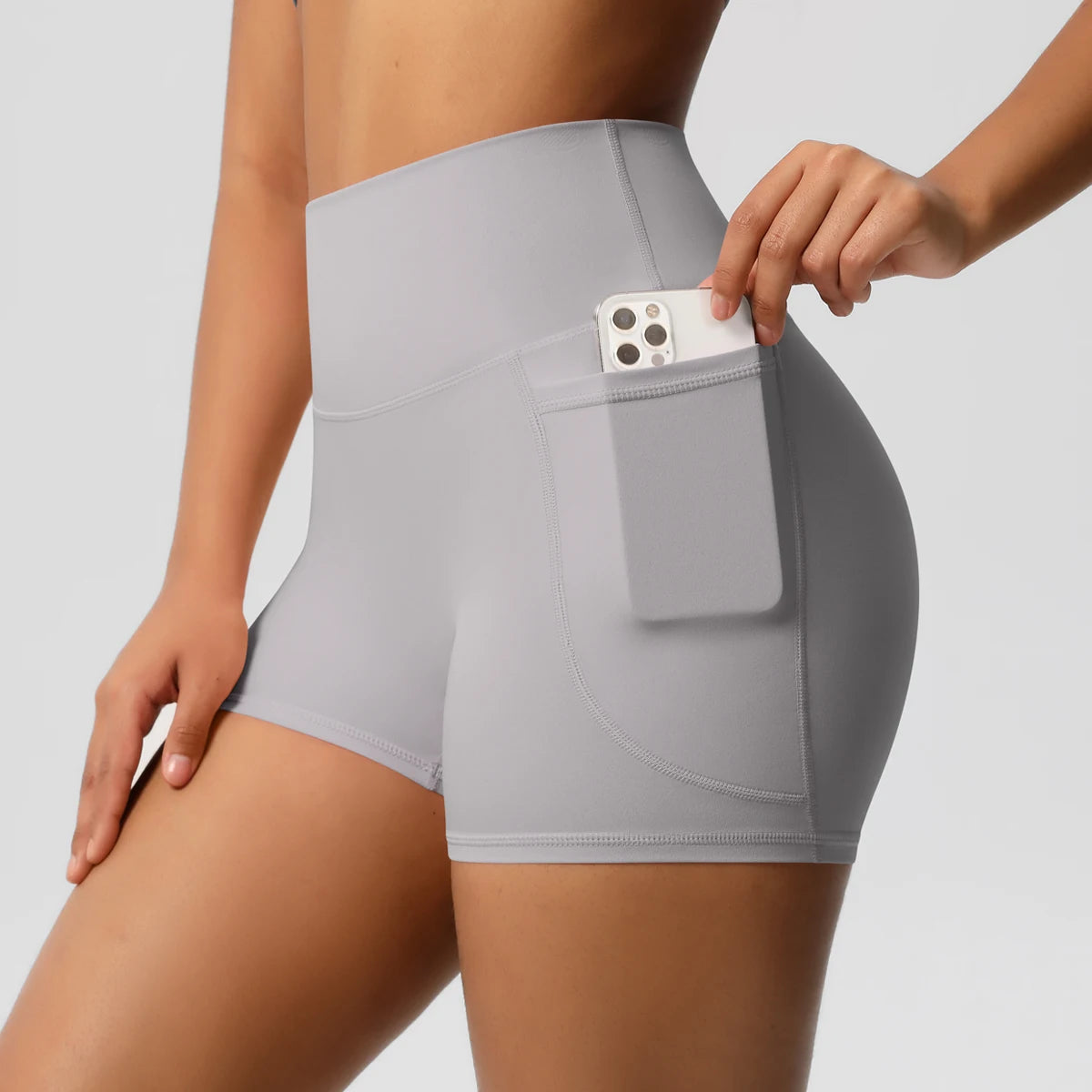 Yoga-Shorts für Damen, hoher Bund, mit Handy-Tasche, helles Grau