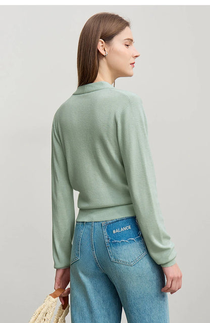 Damen-Strickpullover mit V-Ausschnitt, langarm, hellgrün, Rückansicht