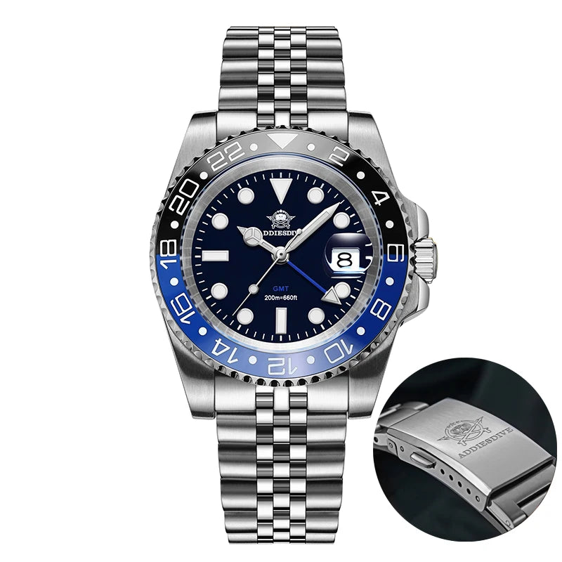 ADDIESDIVE Watch For Man GMT BGW9 Super Luminous 316L Stainless Steel 20Bar Diving Ceramic Bezel Quartz Watch
