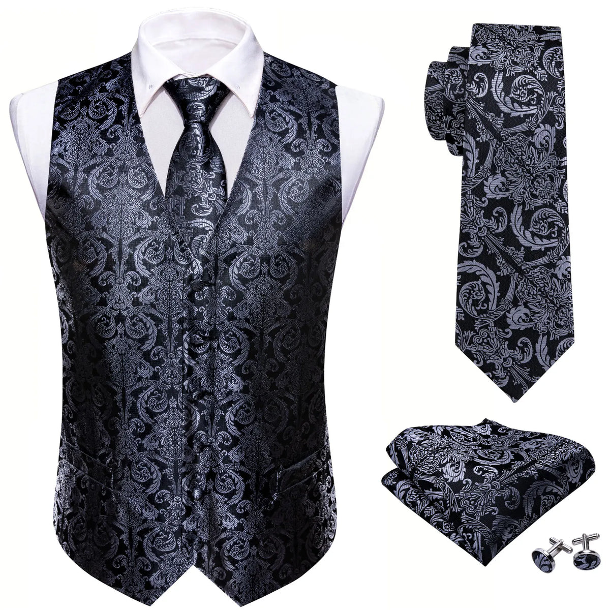 Dunkelblaues Herrenweste-Set mit Ornamentmuster, Krawatte und Einstecktuch, inkl. Knöpfe