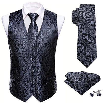 Dunkle Herrenweste mit Paisley-Muster, V-Ausschnitt und Einstecktuch; dazu passende Krawatte