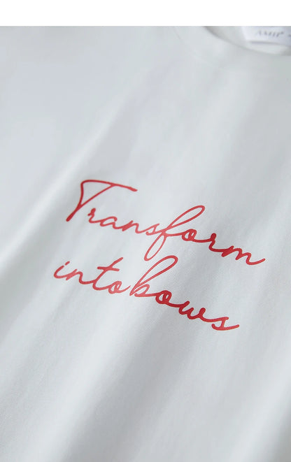 Damen T-Shirt aus ultraloch Stretch-Baumwolle mit Buchstaben-Bowknot-Aufdruck