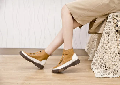 Damen-Schnürstiefelette aus gelbem Leder mit weißer Sohle, seitliche Schnürösen