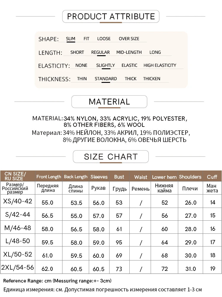 Produktgrößen- und Materialtabelle für den Damenpullover