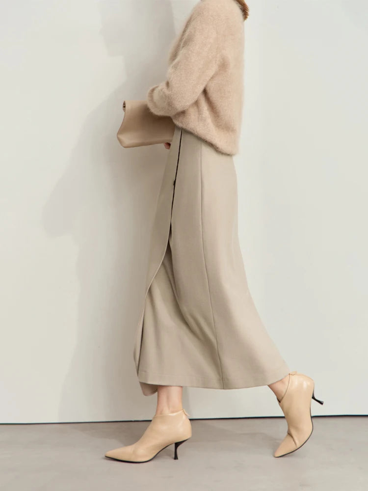 Damen-Wollrock Midi mit hohem Bund und seitlichem Schlitz, khaki, Seitenansicht