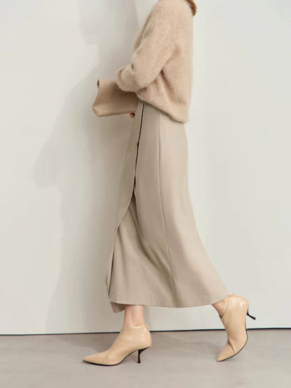 Damen-Wollrock Midi mit hohem Bund und seitlichem Schlitz, khaki, Seitenansicht