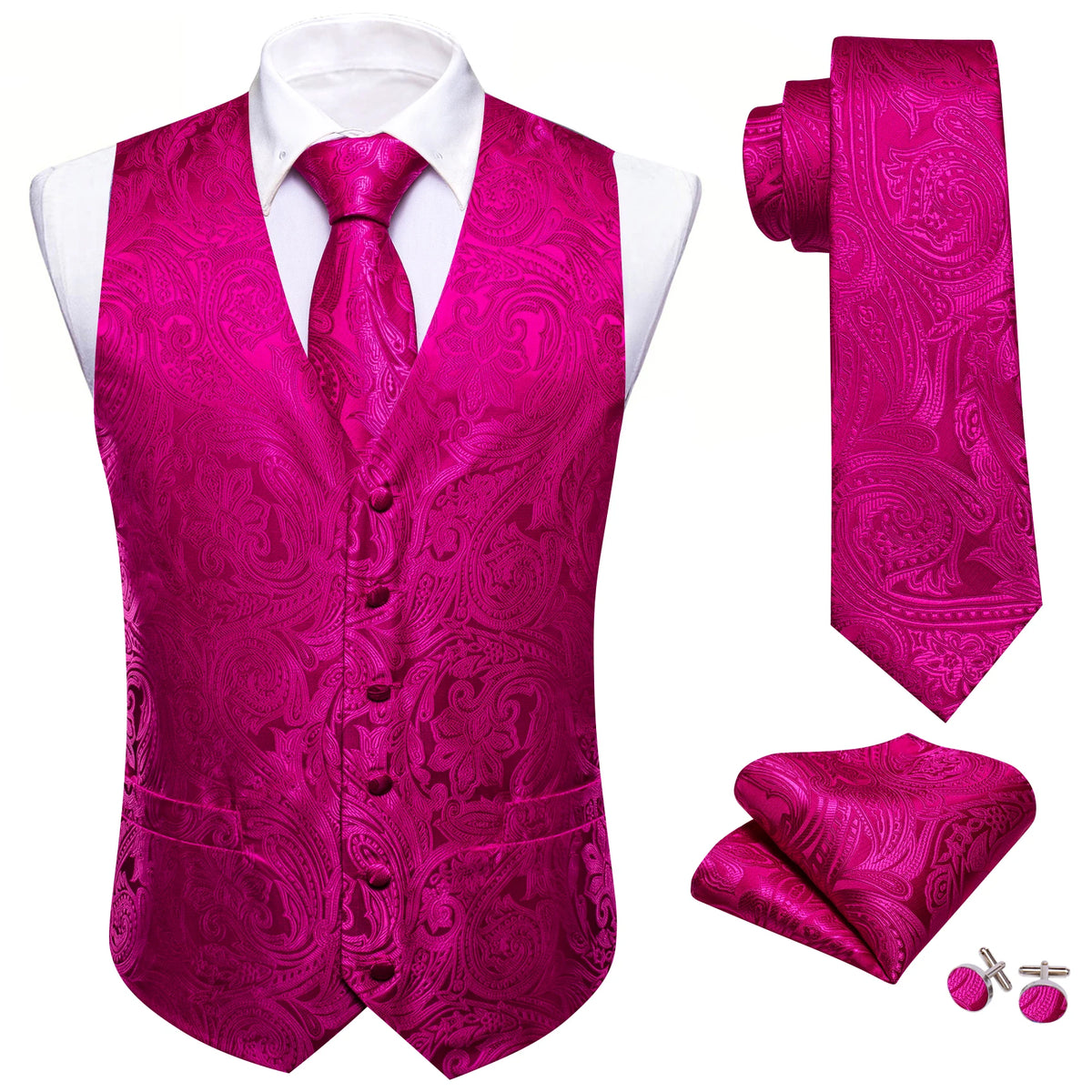 Elegante Jacquard-Herrenweste in kräftigem Pink mit Krawatte, Einstecktuch und Manschettenknöpfen.