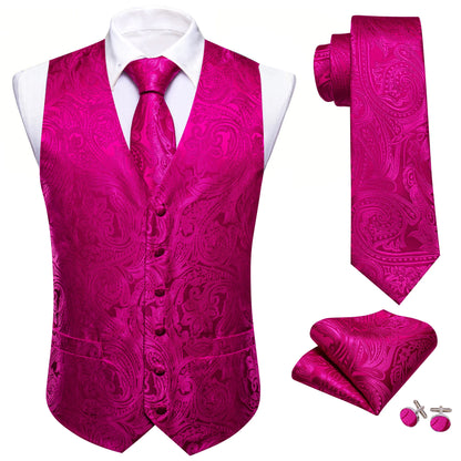 Elegante Jacquard-Herrenweste in kräftigem Pink mit Krawatte, Einstecktuch und Manschettenknöpfen.