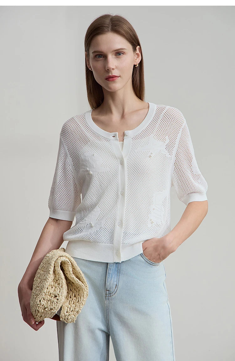 Damen-Rundhalspullover Jacquard Kurzarm locker Büro Sommer