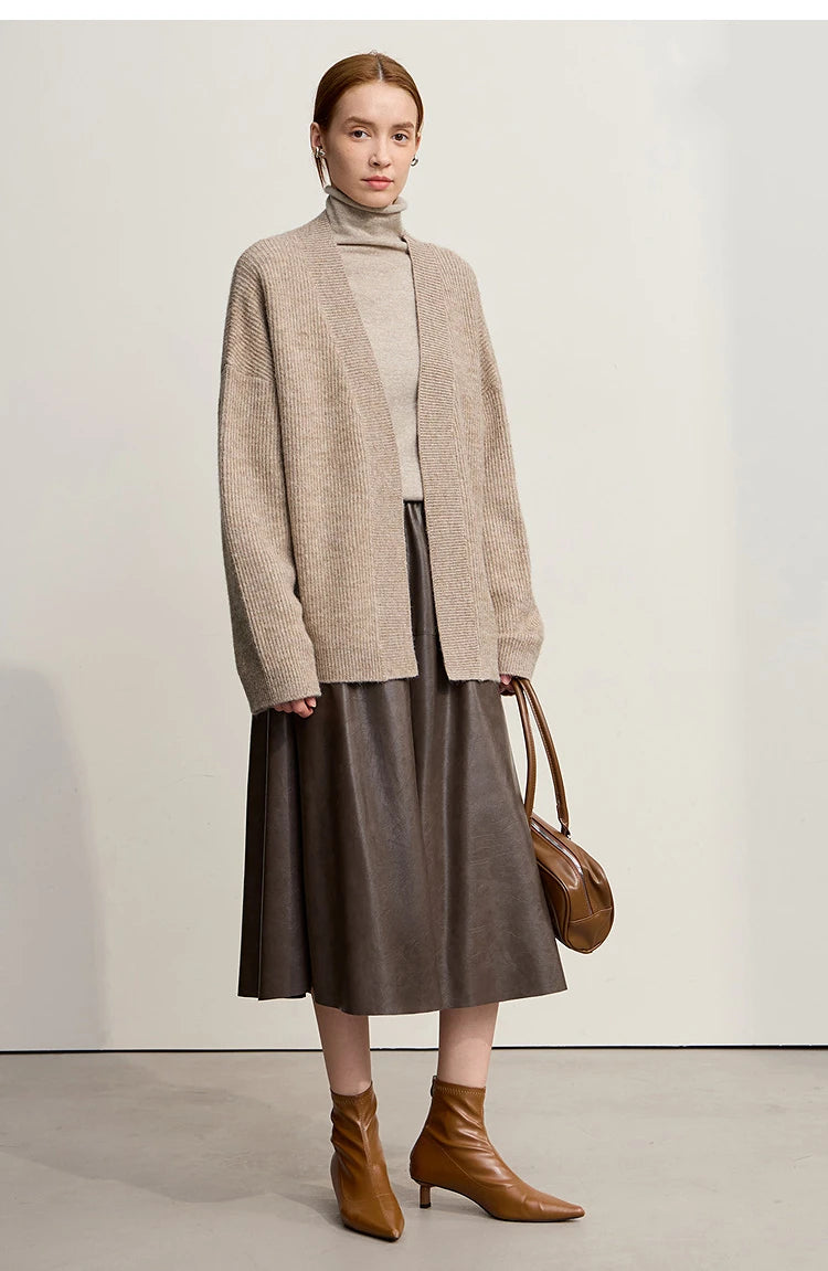 Damen V-Ausschnitt Cardigan lang Wolle-Mix offen Winter
