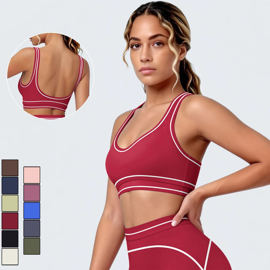 Damen Yoga-Top ärmellos, bordeauxrot mit weißen Kontrastlinien, U-Ausschnitt hinten