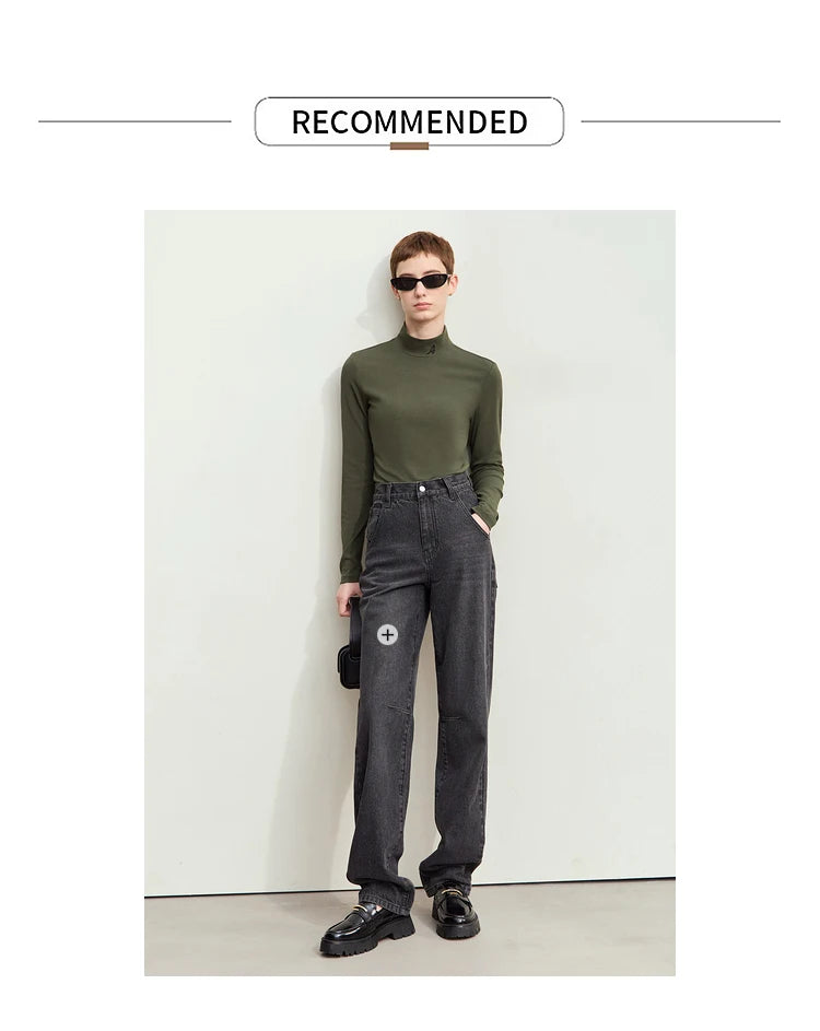 Damen T-Shirts im Minimalismus-Stil mit Mock-Neck und Stickerei aus Baumwolle