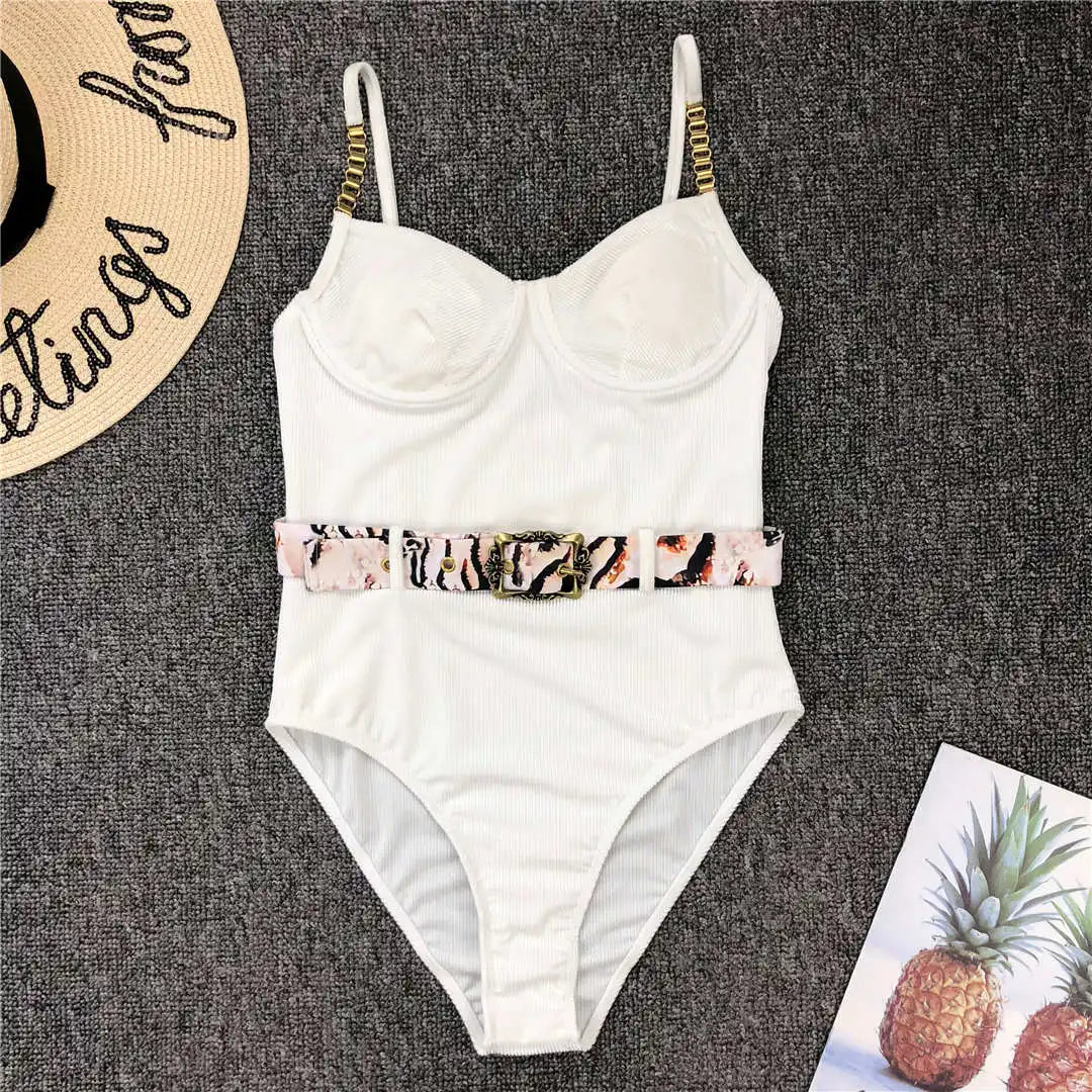 Damen-Badeanzug Rippe Gürtel High-Cut Bodysuit einteilig
