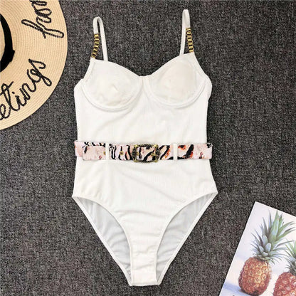 Damen-Badeanzug Rippe Gürtel High-Cut Bodysuit einteilig