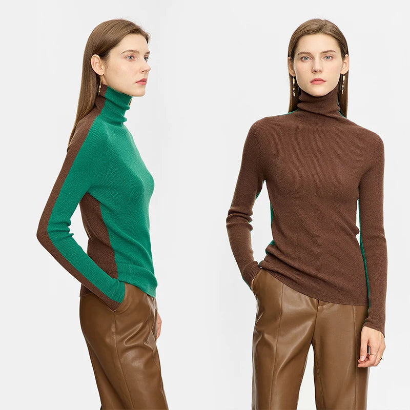 Damen-Rollkragenpullover 100 % Wolle Farbkontrast Slim Fit Frühling
