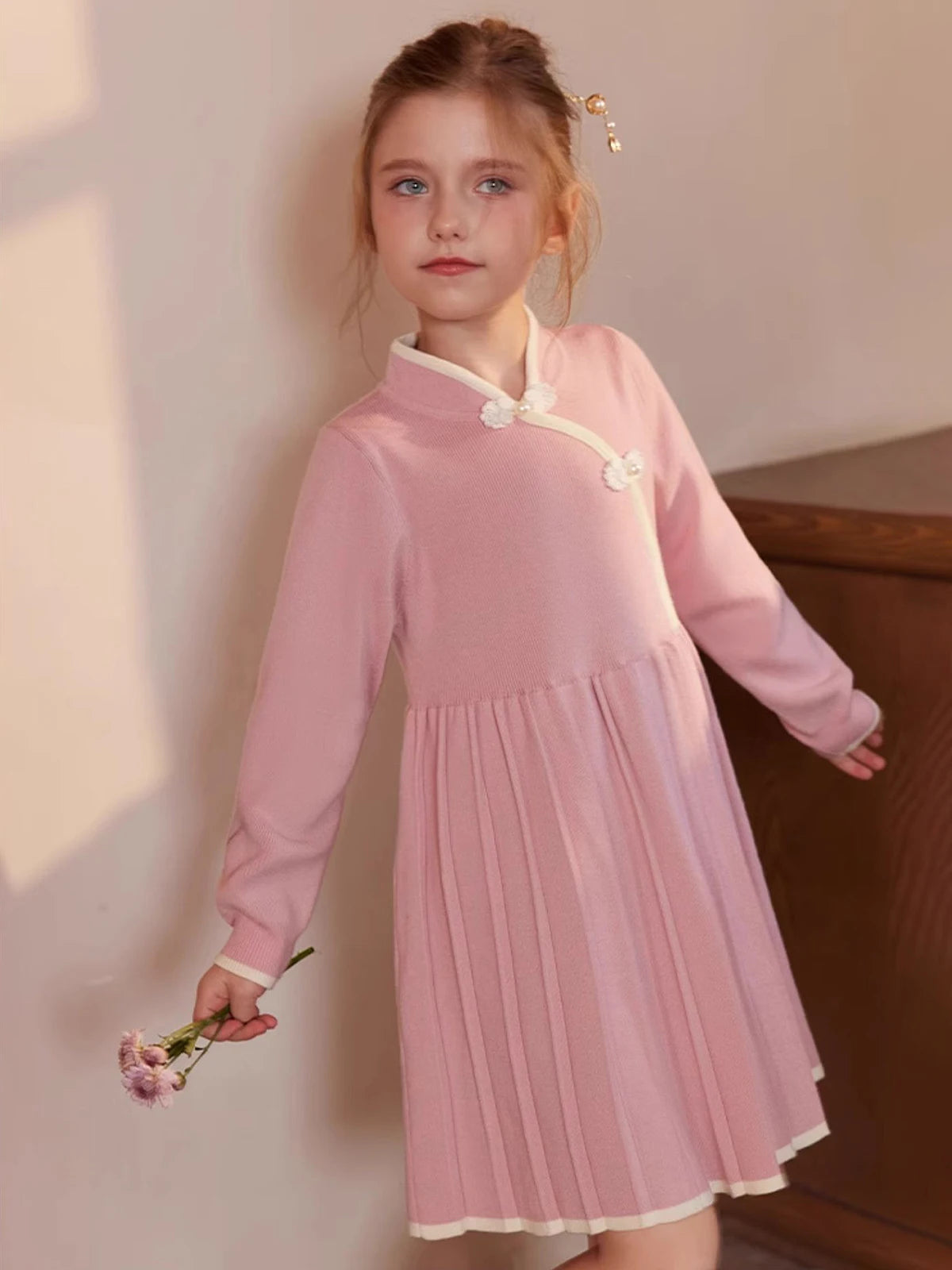Weihnachtspullover für Kinder im Retro-Stil – Jacquard-Strick in Rosa, locker und niedlich, für Mädchen von 110cm bis 170cm