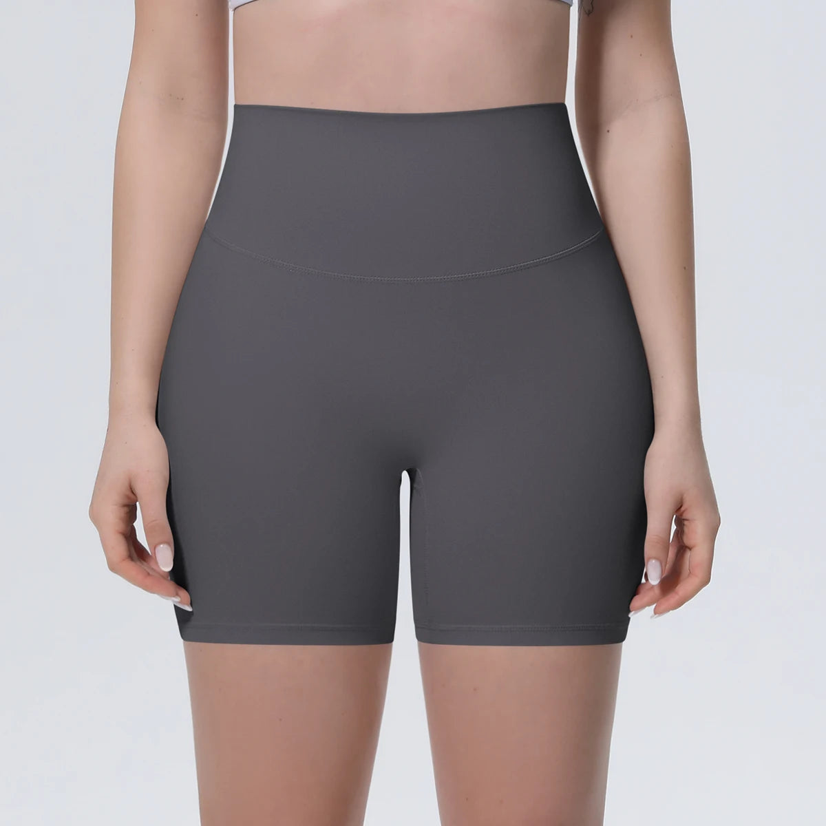Dunkelgraue Yogashorts für Damen mit breitem Bund, schnelltrocknend und bequem