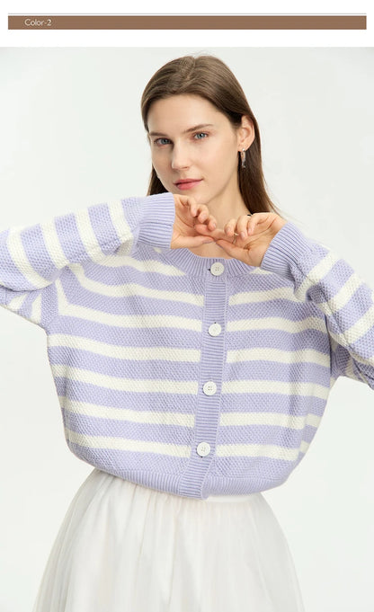 Damen-Strickjacke Baumwolle-Wolle Streifen Kontrastfarben locker Herbst