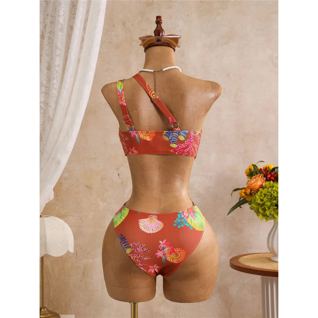 Damen Badeanzug Blumendruck One-Shoulder asymmetrisch Cut-Out Monokini gepolstert