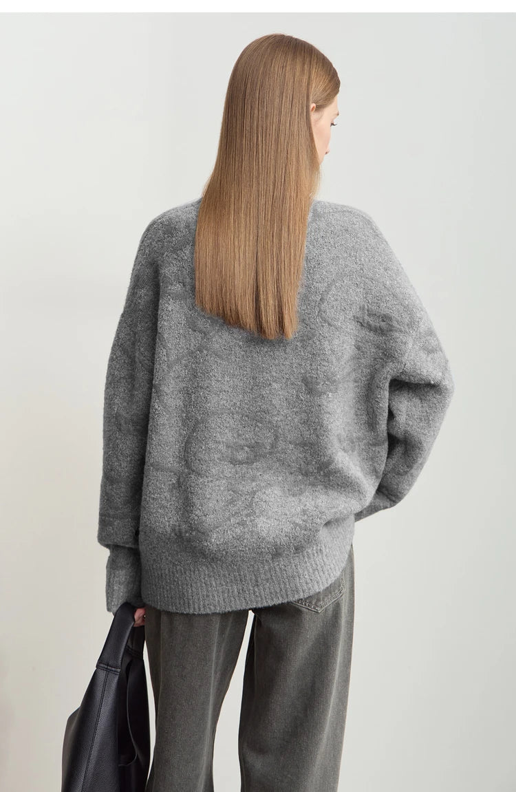 Grauer Damenpullover mit O-Ausschnitt, Jacquard-Strick, Rückansicht, lange Ärmel, Bündchen