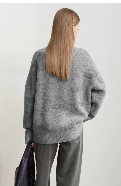 Grauer Damenpullover mit O-Ausschnitt, Jacquard-Strick, Rückansicht, lange Ärmel, Bündchen