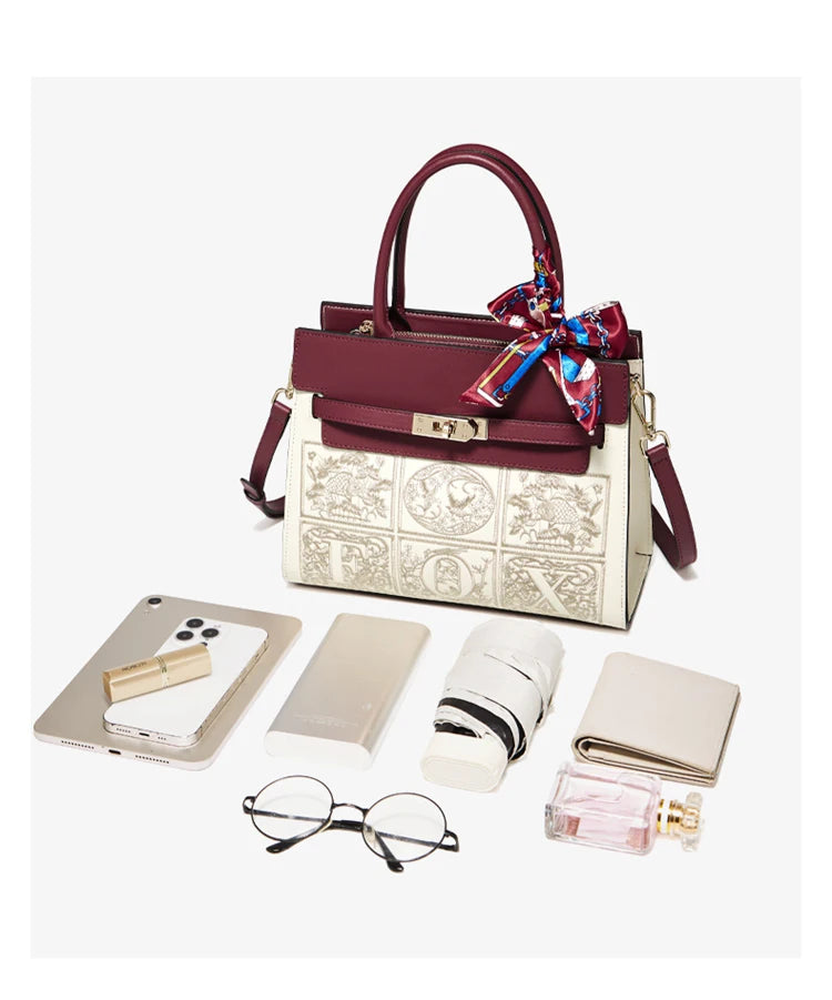 Damen Schultertasche aus Splitleder mit Stickerei im chinesischen Stil